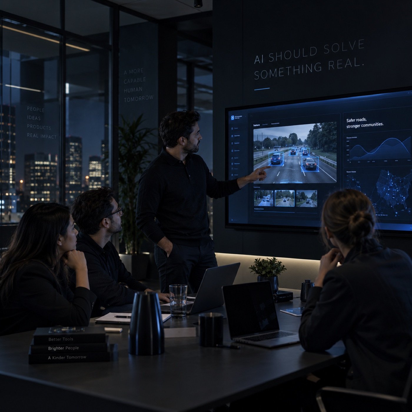 A team reviewing an AI road-safety product under the words “AI should solve something real”