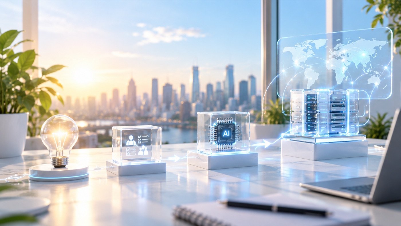A sunlit desk with AI products overlooking a city skyline
